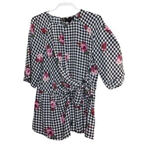Lane Bryant Black and White Gingham Floral Blouse